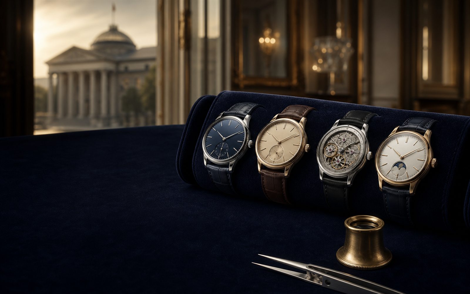 Luxus-Armbanduhren auf Samt-Uhrenrolle, eine mit sichtbarem Saphir-Werkboden, daneben Lupe und Uhrmacher-Pinzette, im Hintergrund eine Wiesbadener Gr&uuml;nderzeit-Villa &ndash; Uhren-Ankauf Wiesbaden