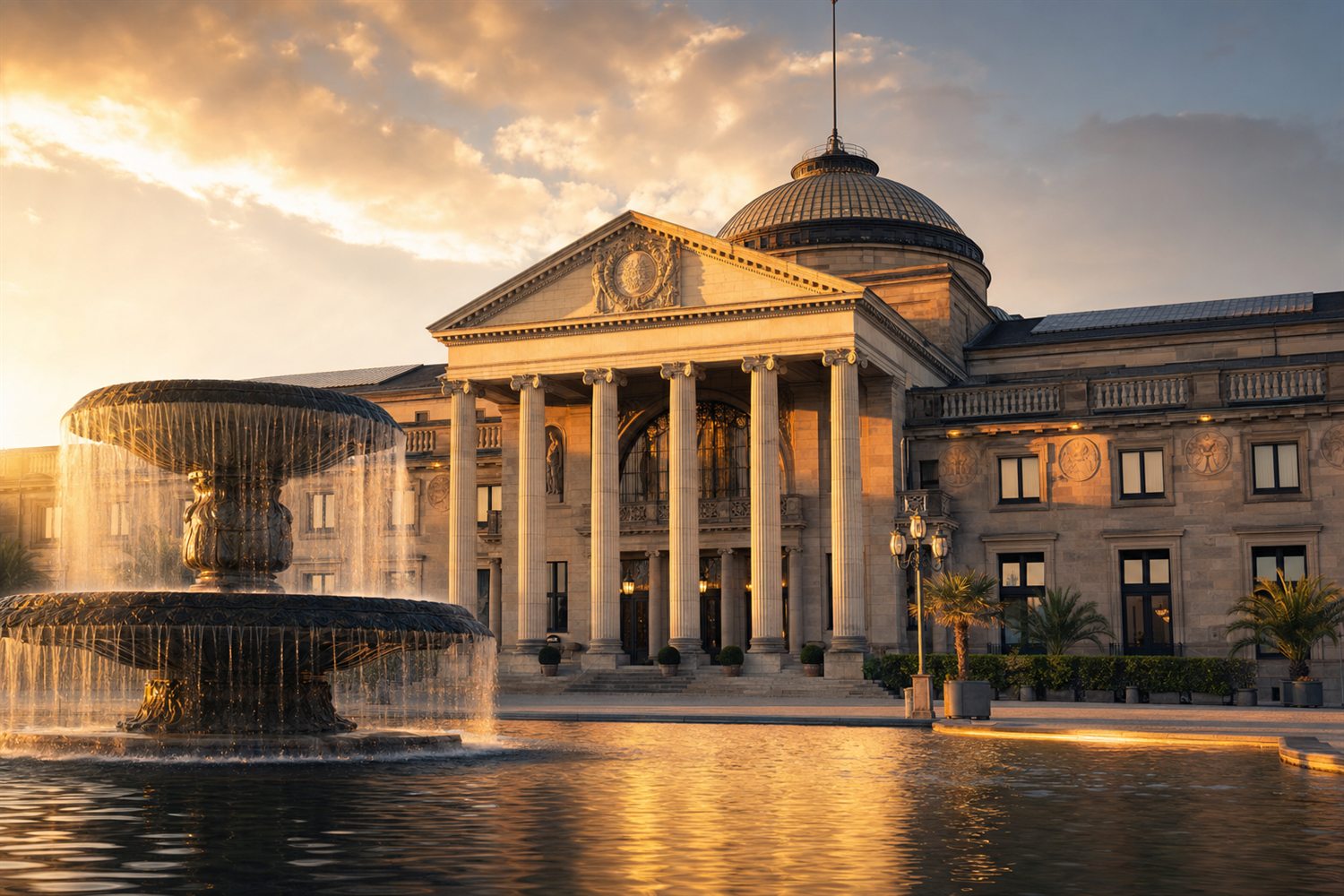 Das historische Kurhaus Wiesbaden mit S&auml;ulenportikus im Abendlicht &ndash; Uhren-Ankauf Region Wiesbaden