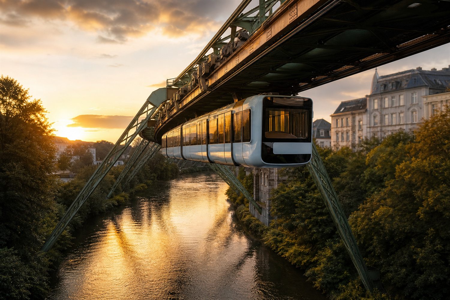 Die Wuppertaler Schwebebahn &uuml;ber der Wupper im Abendlicht &ndash; Uhren-Ankauf Region Wuppertal