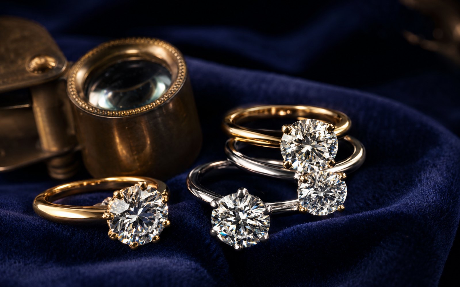 Diamant-Solit&auml;r-Verlobungsring mit Tennisarmband auf blauem Samt mit Lupe