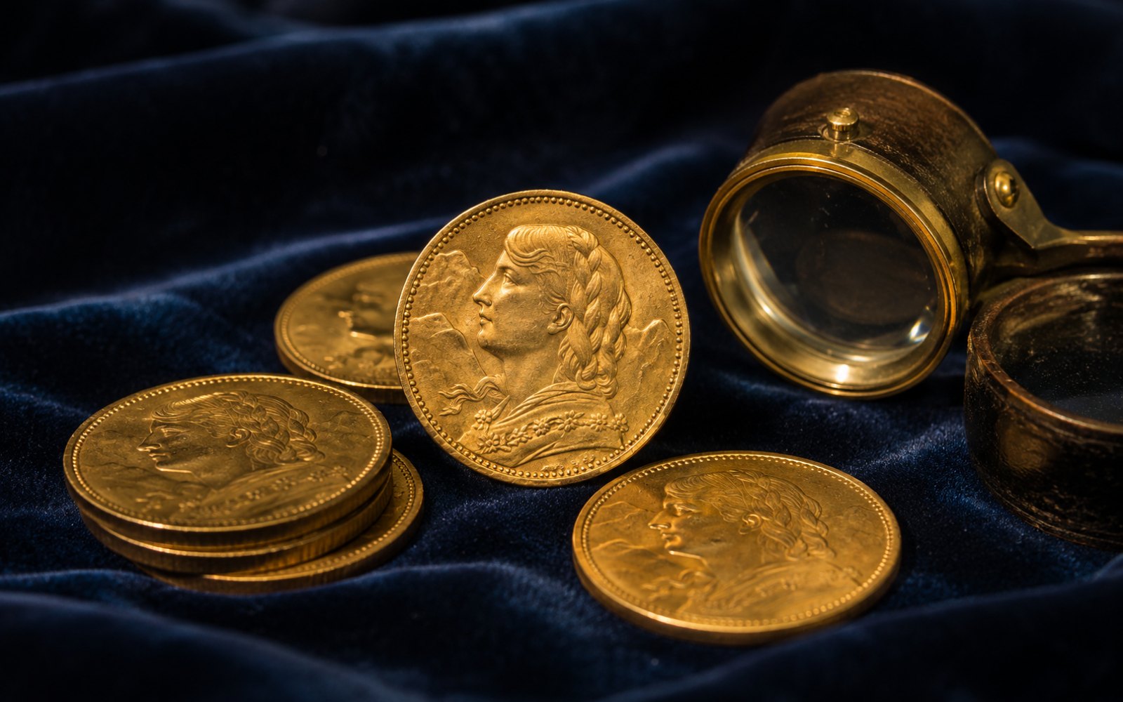 Schweizer Vreneli 20-Franken-Goldm&uuml;nzen mit Helvetia auf blauem Samt mit Lupe