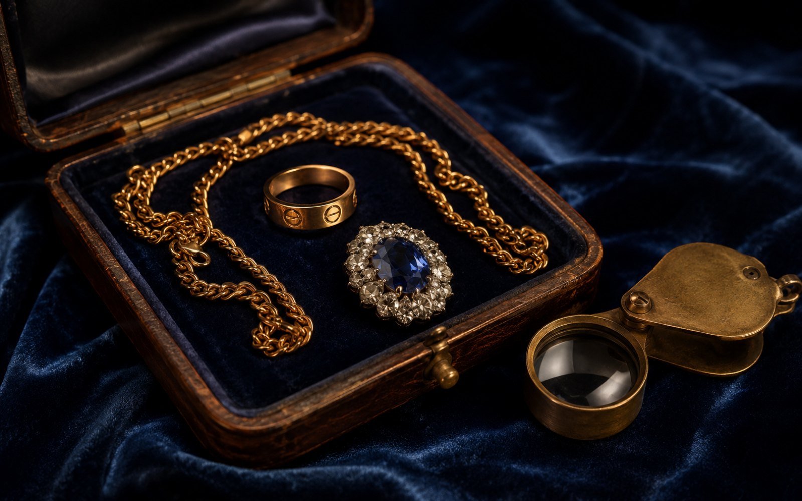 Ge&ouml;ffnete Schmuckschatulle mit Goldkette, Markenring und Saphirbrosche, Lupe