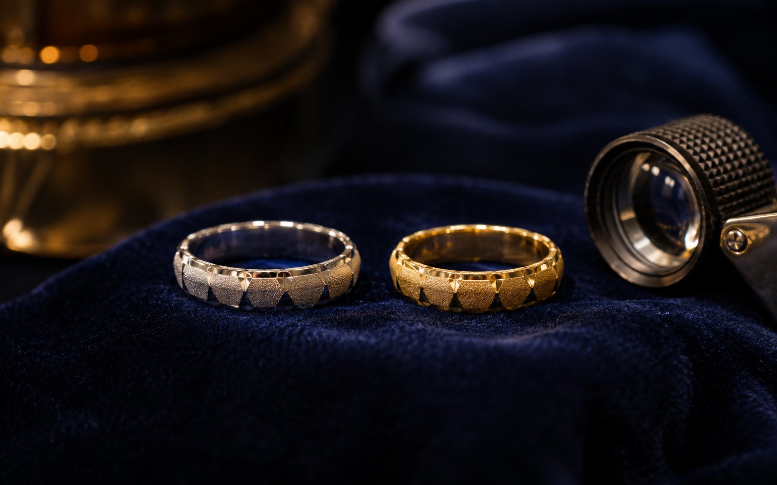 Wei&szlig;gold-Ring und Gelbgold-Ring nebeneinander auf blauem Samt, Wertvergleich