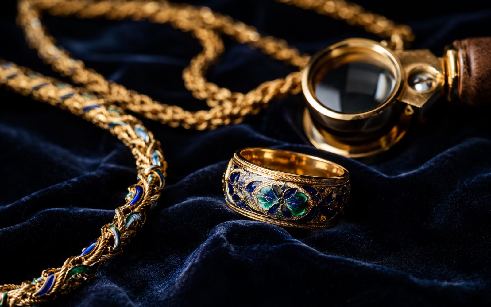 Wellendorff Goldkordel-Kette und Drehring mit kaltem Email auf blauem Samt mit Lupe