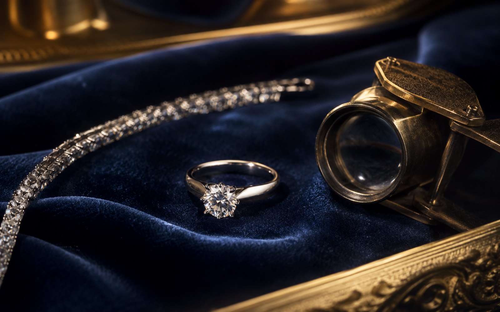 Wempe Diamant-Solit&auml;rring und Diamant-Armband in Wei&szlig;gold auf blauem Samt mit Lupe