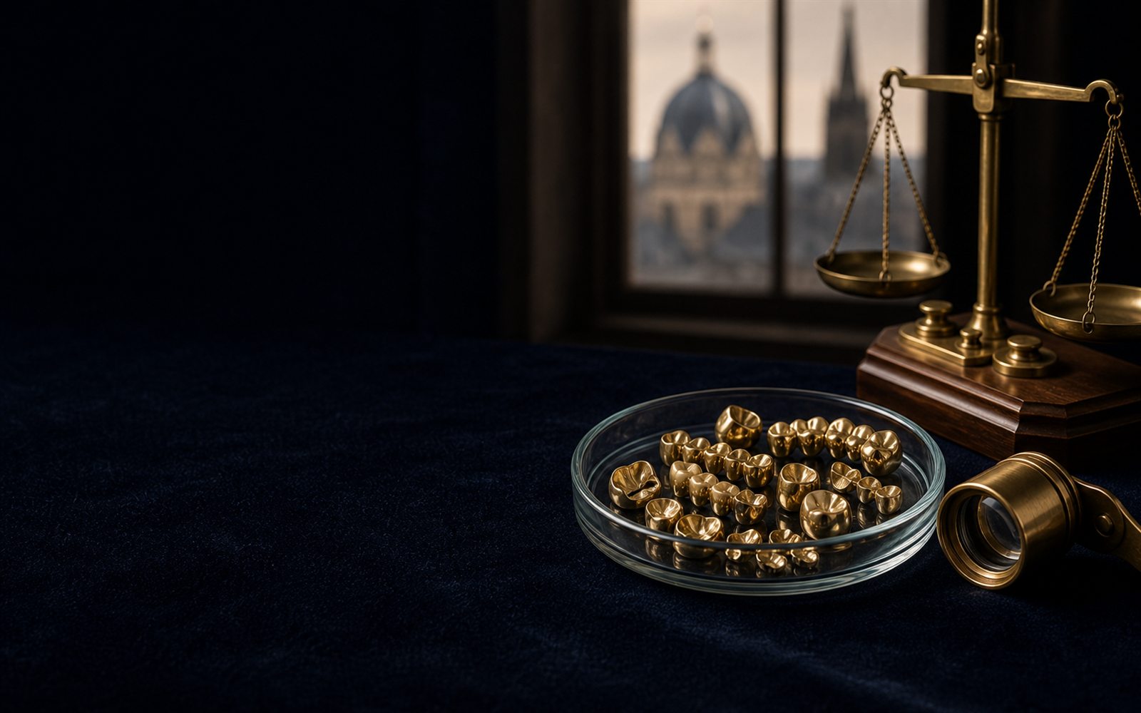 Zahngold, Goldkronen und Br&uuml;cken in einer Glasschale auf dunklem Samt, daneben Lupe und Feinwaage, im Hintergrund die Silhouette des Aachener Doms &ndash; Zahngold verkaufen Aachen