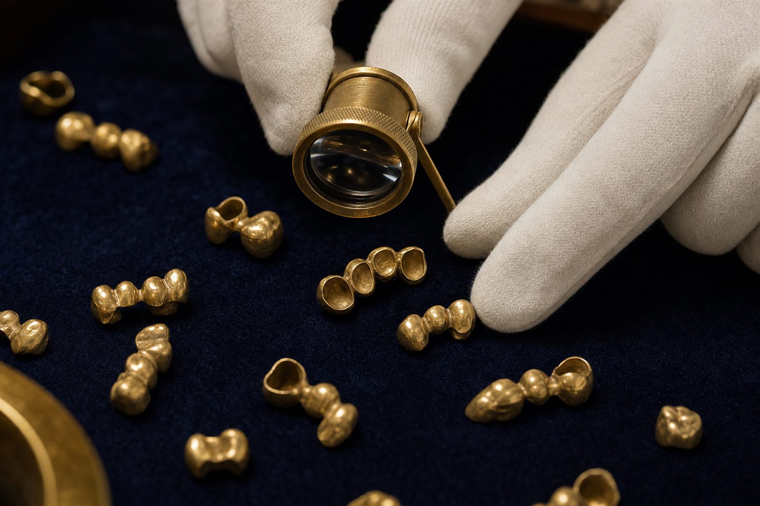 Wei&szlig; behandschuhte Hand sortiert Goldkronen und Br&uuml;cken auf Samt und pr&uuml;ft sie mit der Lupe &ndash; Zahngold-Bewertung in Aachen