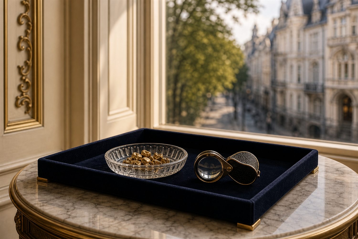 Marmortisch am Fenster einer Aachener Jugendstilvilla mit Samttablett, Glasschale Zahngold und Lupe &ndash; Hausbesuch Zahngold-Ankauf Aachen