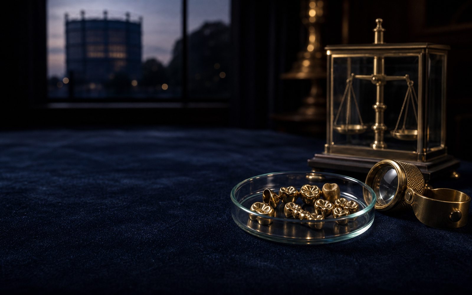 Zahngold, Goldkronen und Br&uuml;cken in einer Glasschale auf dunklem Samt, daneben Lupe und Feinwaage, im Hintergrund die Silhouette des Bergisch Gladbacher Doms &ndash; Zahngold verkaufen Bergisch Gladbach