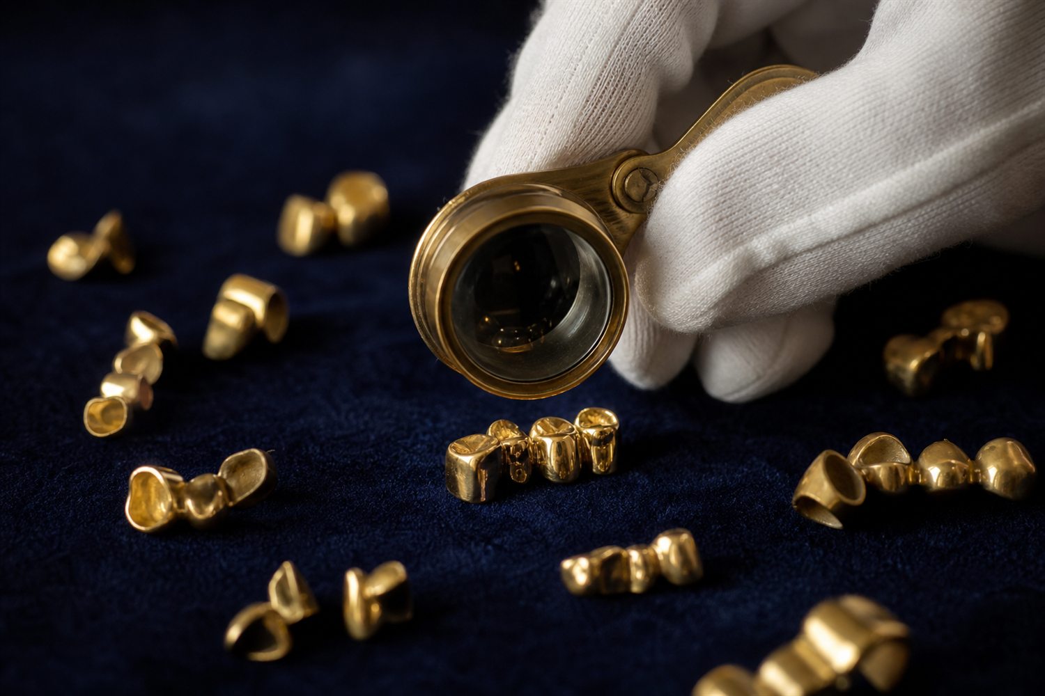 Wei&szlig; behandschuhte Hand sortiert Goldkronen und Br&uuml;cken auf Samt und pr&uuml;ft sie mit der Lupe &ndash; Zahngold-Bewertung in Bergisch Gladbach