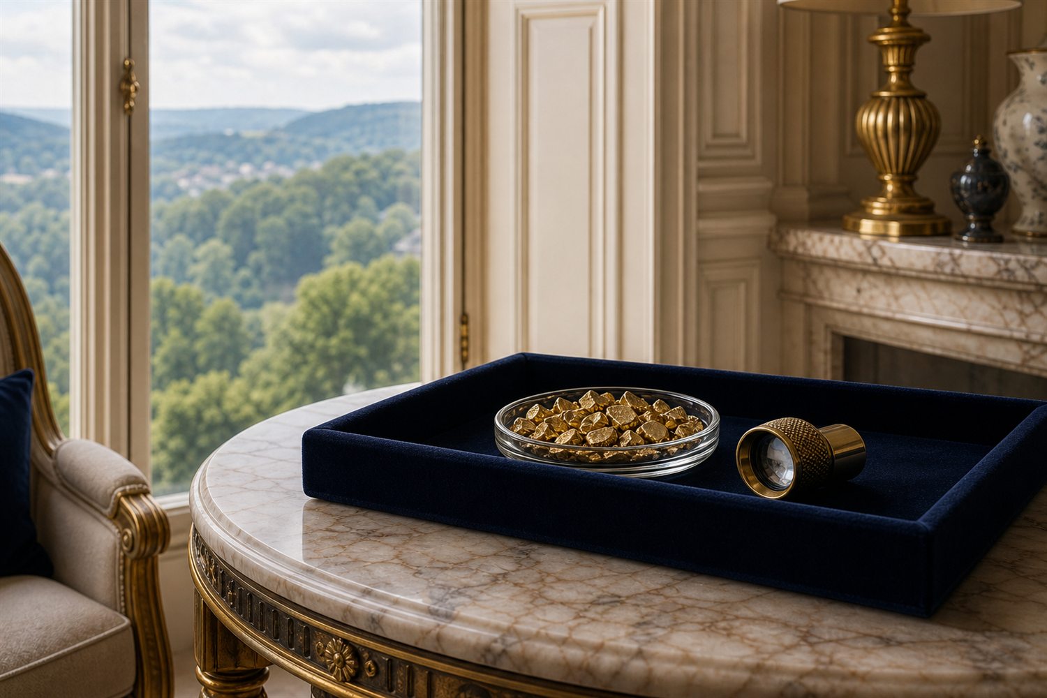 Marmortisch am Fenster einer Bergisch Gladbacher Villa mit Samttablett, Glasschale Zahngold und Lupe &ndash; Hausbesuch Zahngold-Ankauf Bergisch Gladbach