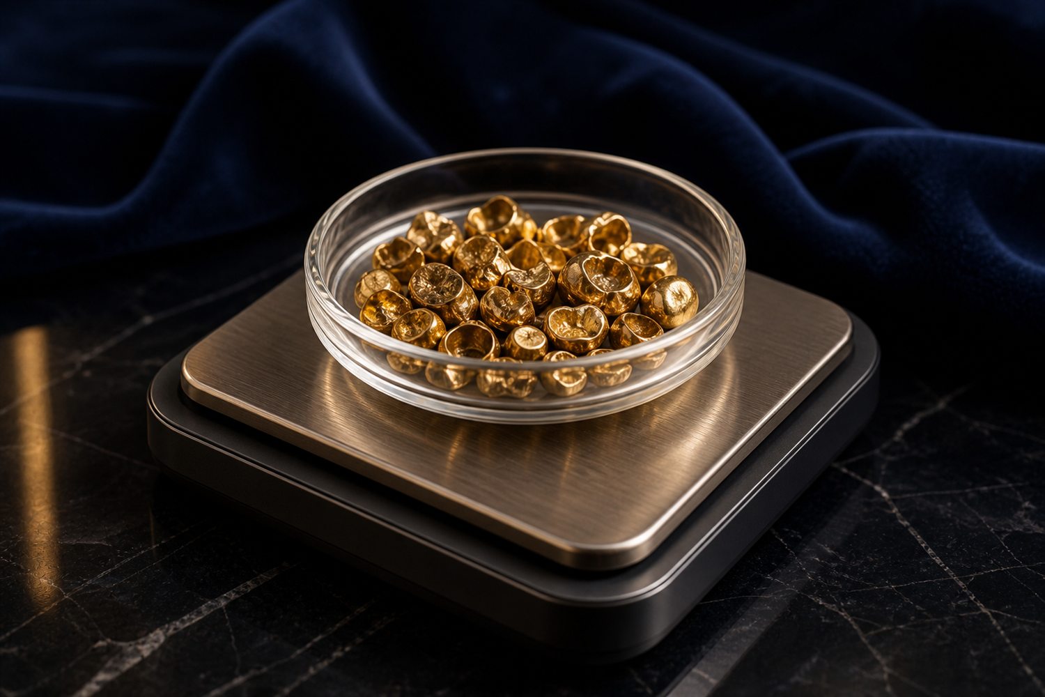 Glasschale mit Zahngold auf der Waagschale einer Feinwaage auf dunkler Fl&auml;che &ndash; Zahngold wiegen und bewerten in Bergisch Gladbach