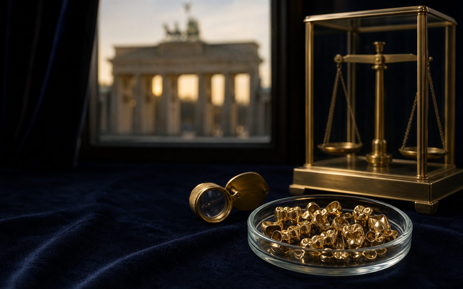 Zahngold, Goldkronen und Br&uuml;cken in einer Glasschale auf dunklem Samt, daneben Lupe und Feinwaage, im Hintergrund eine Berliner Stadtsilhouette &ndash; Zahngold verkaufen Berlin