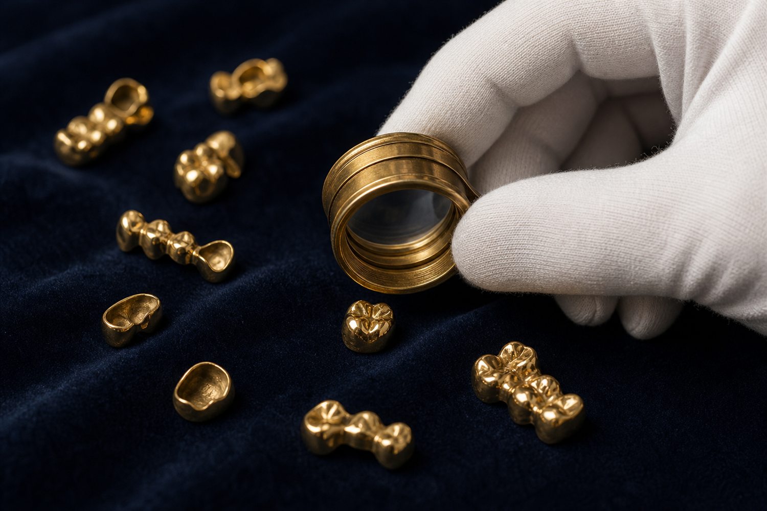 Wei&szlig; behandschuhte Hand sortiert Goldkronen und Br&uuml;cken auf Samt und pr&uuml;ft sie mit der Lupe &ndash; Zahngold-Bewertung in Berlin