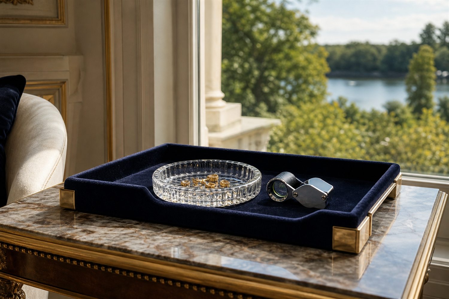 Marmortisch am Fenster einer Berliner Villa mit Samttablett, Glasschale Zahngold und Lupe &ndash; Hausbesuch Zahngold-Ankauf Berlin