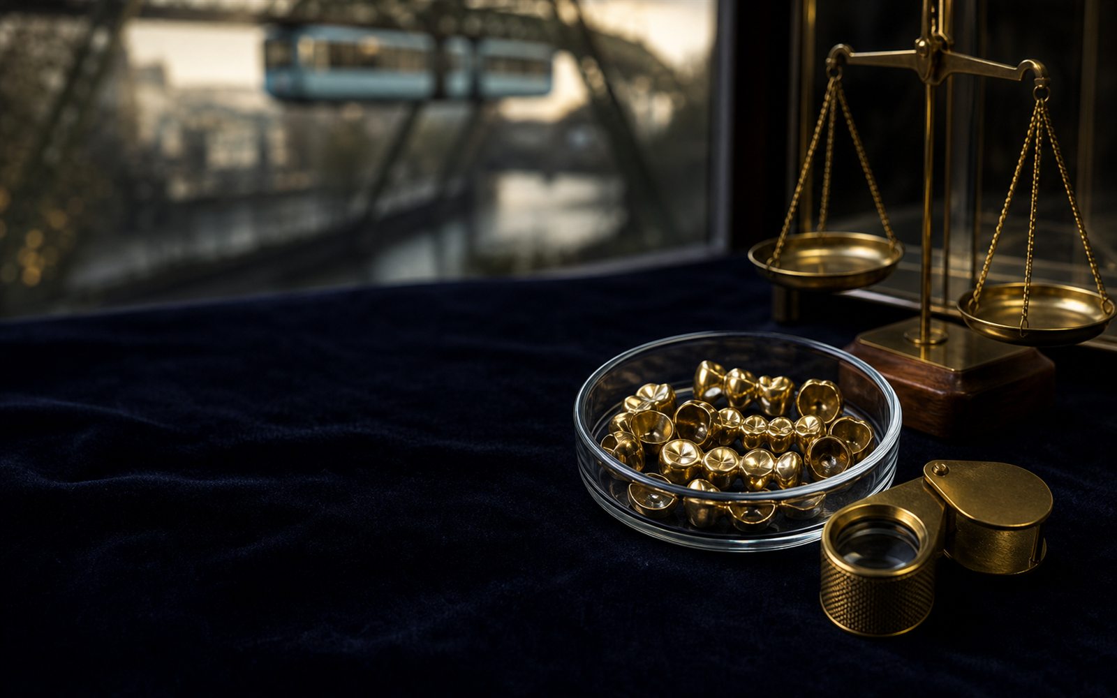 Zahngold, Goldkronen und Br&uuml;cken in einer Glasschale auf dunklem Samt, daneben Lupe und Feinwaage, im Hintergrund die Silhouette des F&ouml;rderturms am Deutschen Bergbau-Museum &ndash; Zahngold verkaufen Bochum