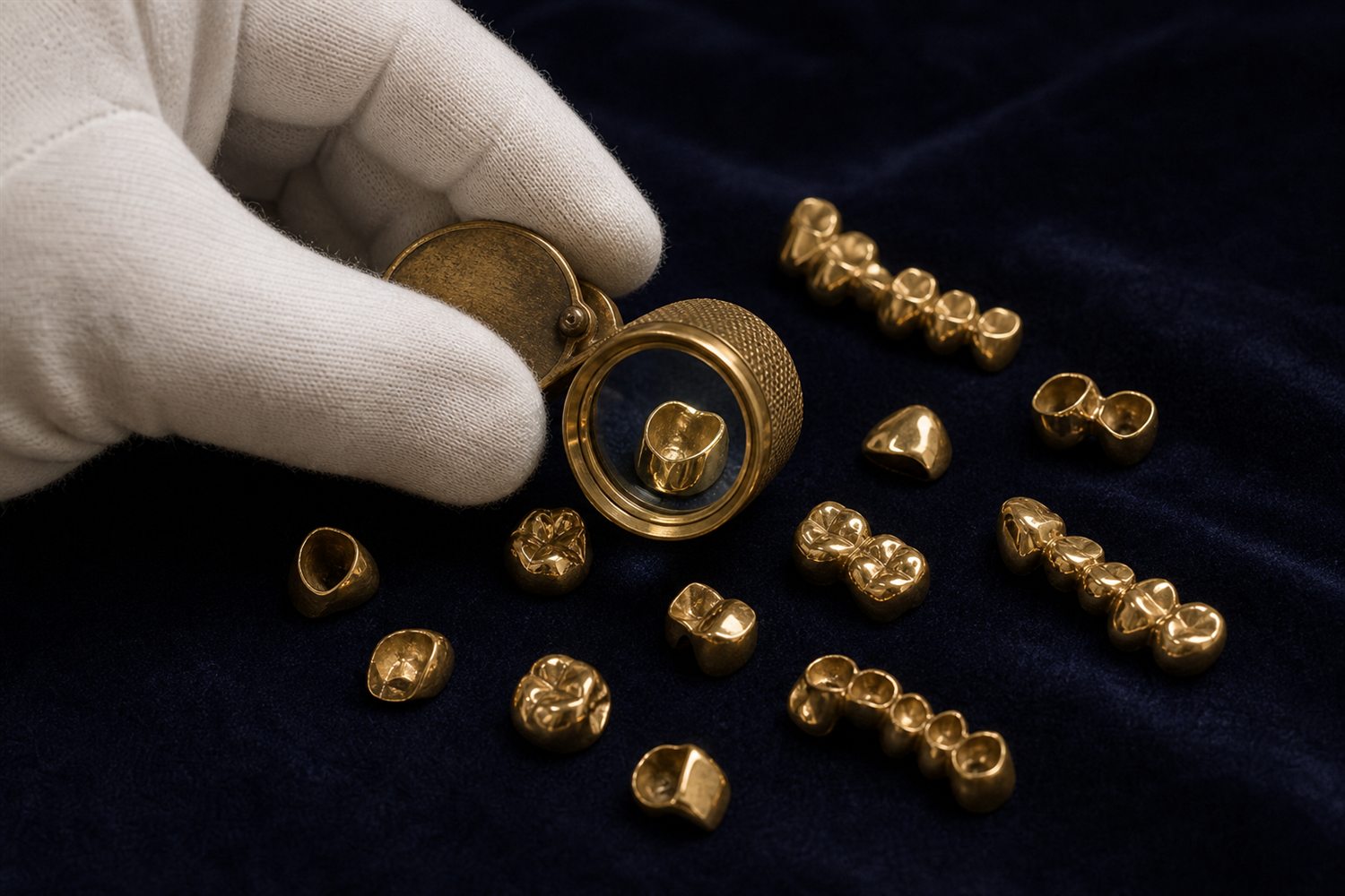 Wei&szlig; behandschuhte Hand sortiert Goldkronen und Br&uuml;cken auf Samt und pr&uuml;ft sie mit der Lupe &ndash; Zahngold-Bewertung in Bochum