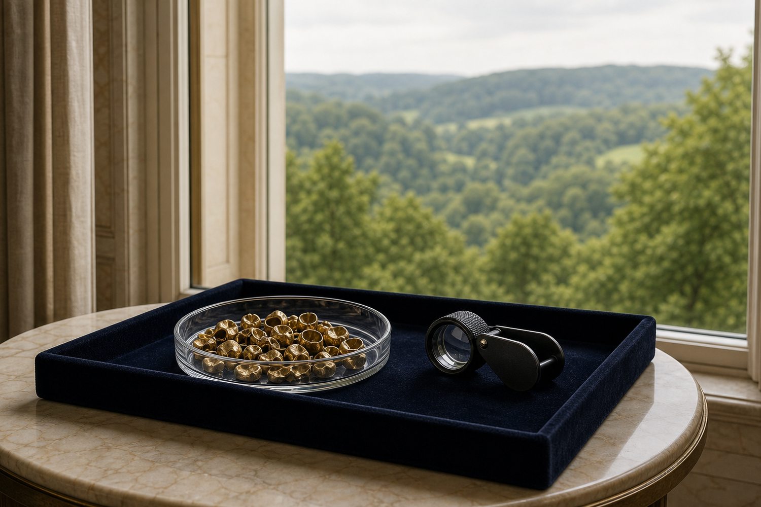 Massivholztisch am Fenster eines Bochumer Wohnhauses mit Samttablett, Glasschale Zahngold und Lupe &ndash; Hausbesuch Zahngold-Ankauf Bochum