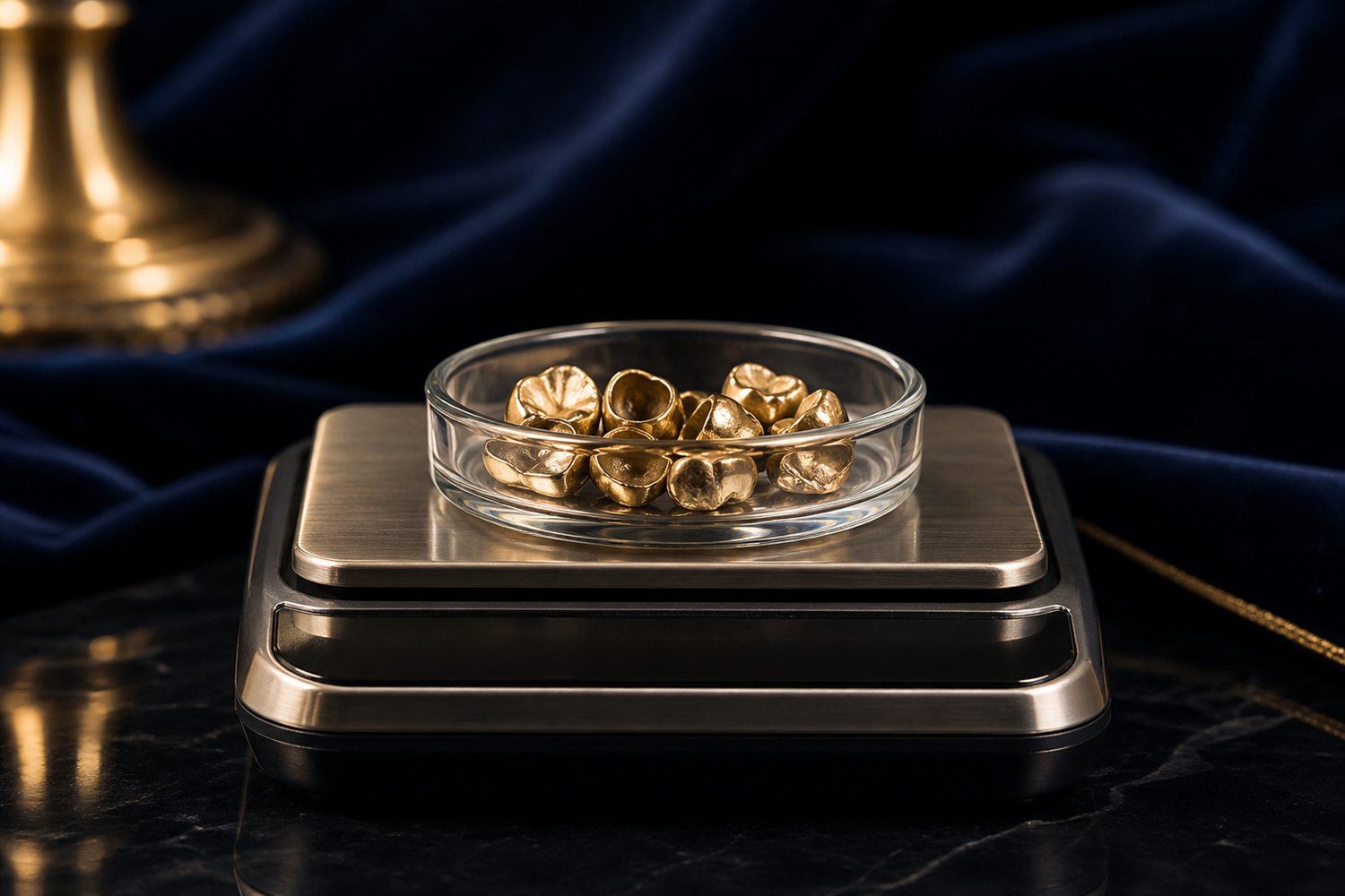 Glasschale mit Zahngold auf der Waagschale einer Feinwaage auf dunkler Fl&auml;che &ndash; Zahngold wiegen und bewerten in Bochum