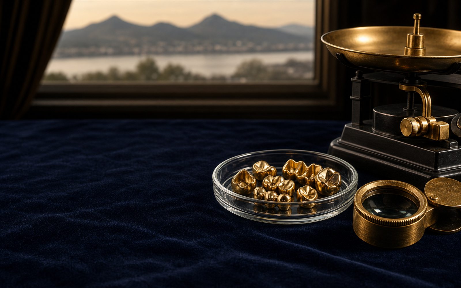 Zahngold, Goldkronen und Br&uuml;cken in einer Glasschale auf dunklem Samt, daneben Lupe und Feinwaage, im Hintergrund die Silhouette des Bonner M&uuml;nsters &ndash; Zahngold verkaufen Bonn