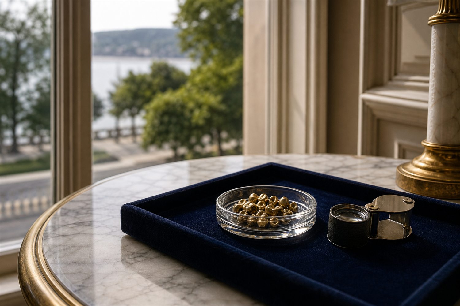 Marmortisch am Fenster einer Bonner Villa mit Samttablett, Glasschale Zahngold und Lupe &ndash; Hausbesuch Zahngold-Ankauf Bonn
