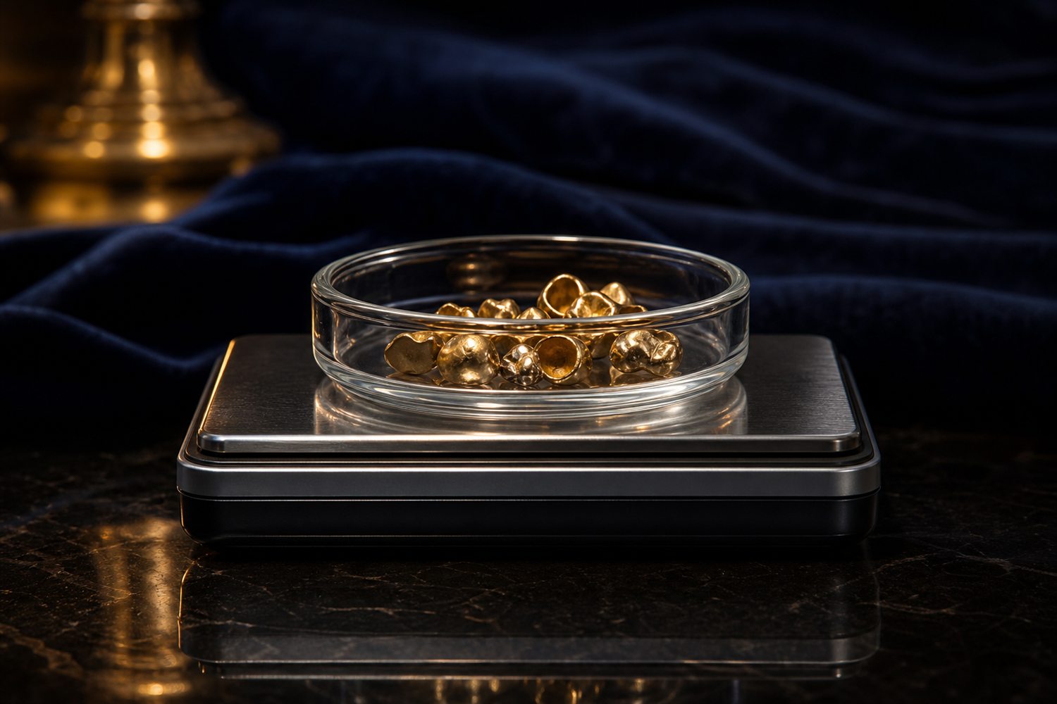 Glasschale mit Zahngold auf der Waagschale einer Feinwaage auf dunkler Fl&auml;che &ndash; Zahngold wiegen und bewerten in Bonn
