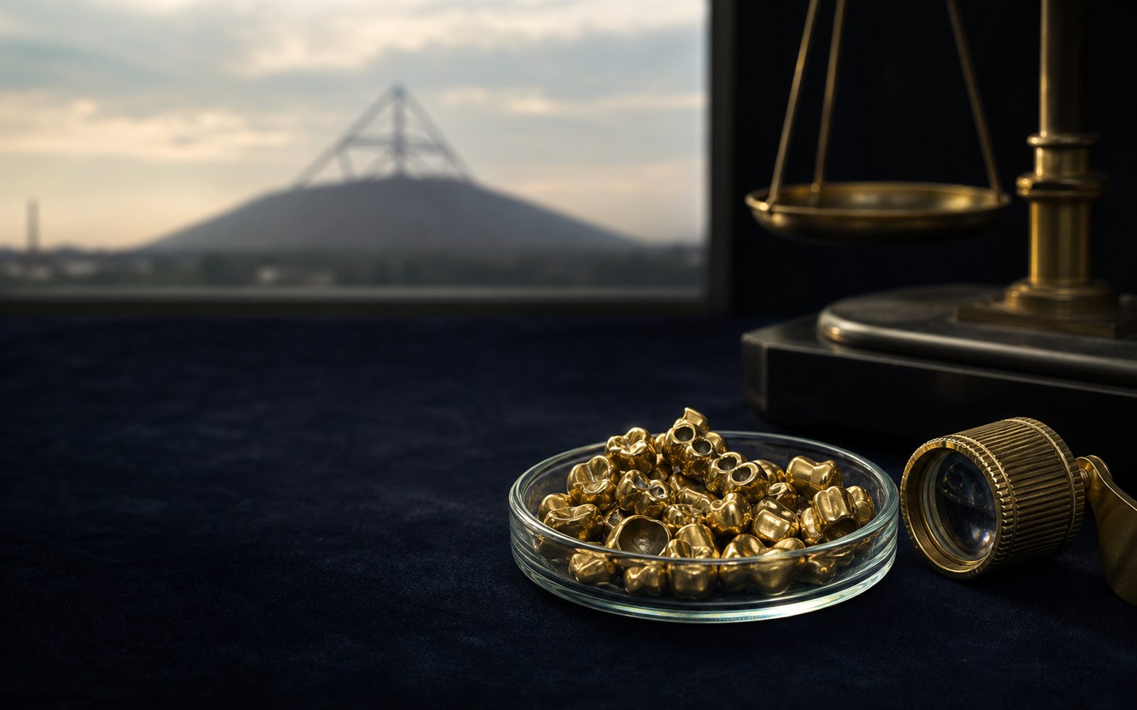Zahngold, Goldkronen und Br&uuml;cken in einer Glasschale auf dunklem Samt, daneben Lupe und Feinwaage, im Hintergrund die Silhouette des Bottroper Doms &ndash; Zahngold verkaufen Bottrop