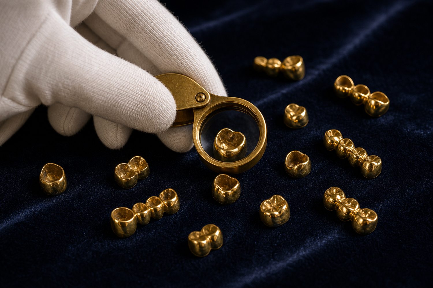 Wei&szlig; behandschuhte Hand sortiert Goldkronen und Br&uuml;cken auf Samt und pr&uuml;ft sie mit der Lupe &ndash; Zahngold-Bewertung in Bottrop