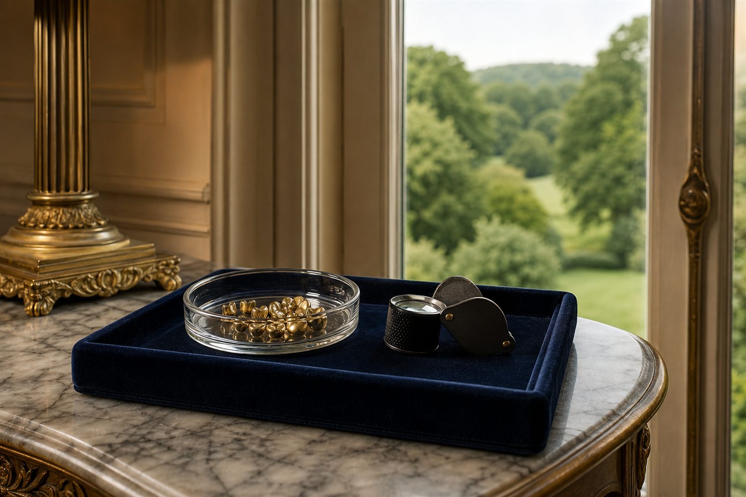 Marmortisch am Fenster einer Bottroper Villa mit Samttablett, Glasschale Zahngold und Lupe &ndash; Hausbesuch Zahngold-Ankauf Bottrop