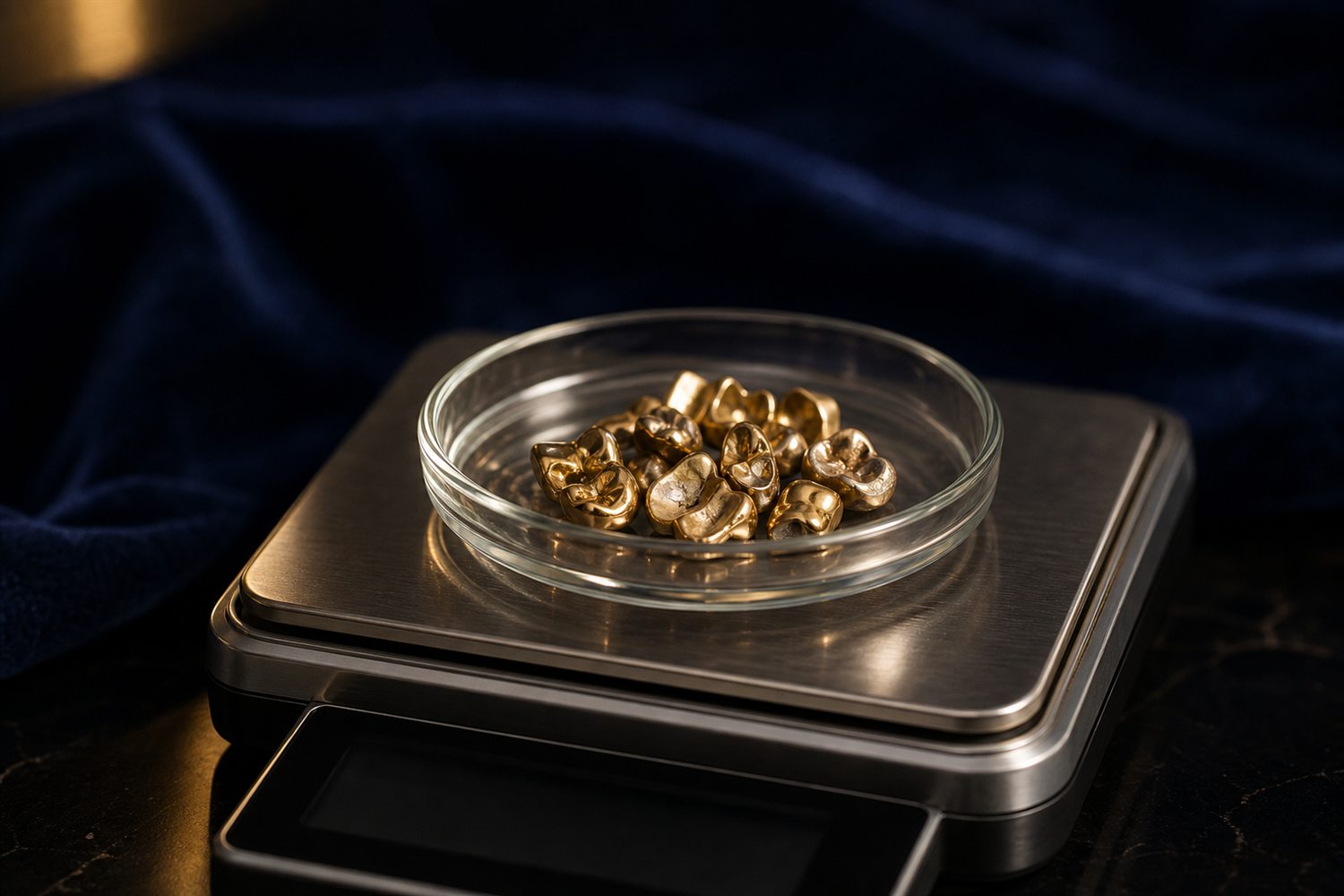 Glasschale mit Zahngold auf der Waagschale einer Feinwaage auf dunkler Fl&auml;che &ndash; Zahngold wiegen und bewerten in Bottrop