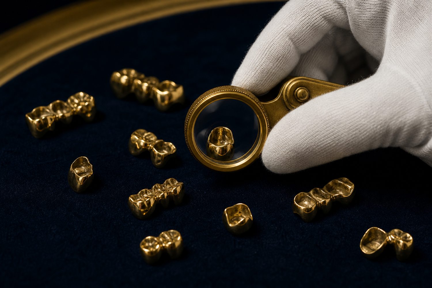 Wei&szlig; behandschuhte Hand sortiert Goldkronen und Br&uuml;cken auf Samt und pr&uuml;ft sie mit der Lupe &ndash; Zahngold-Bewertung in Brandenburg