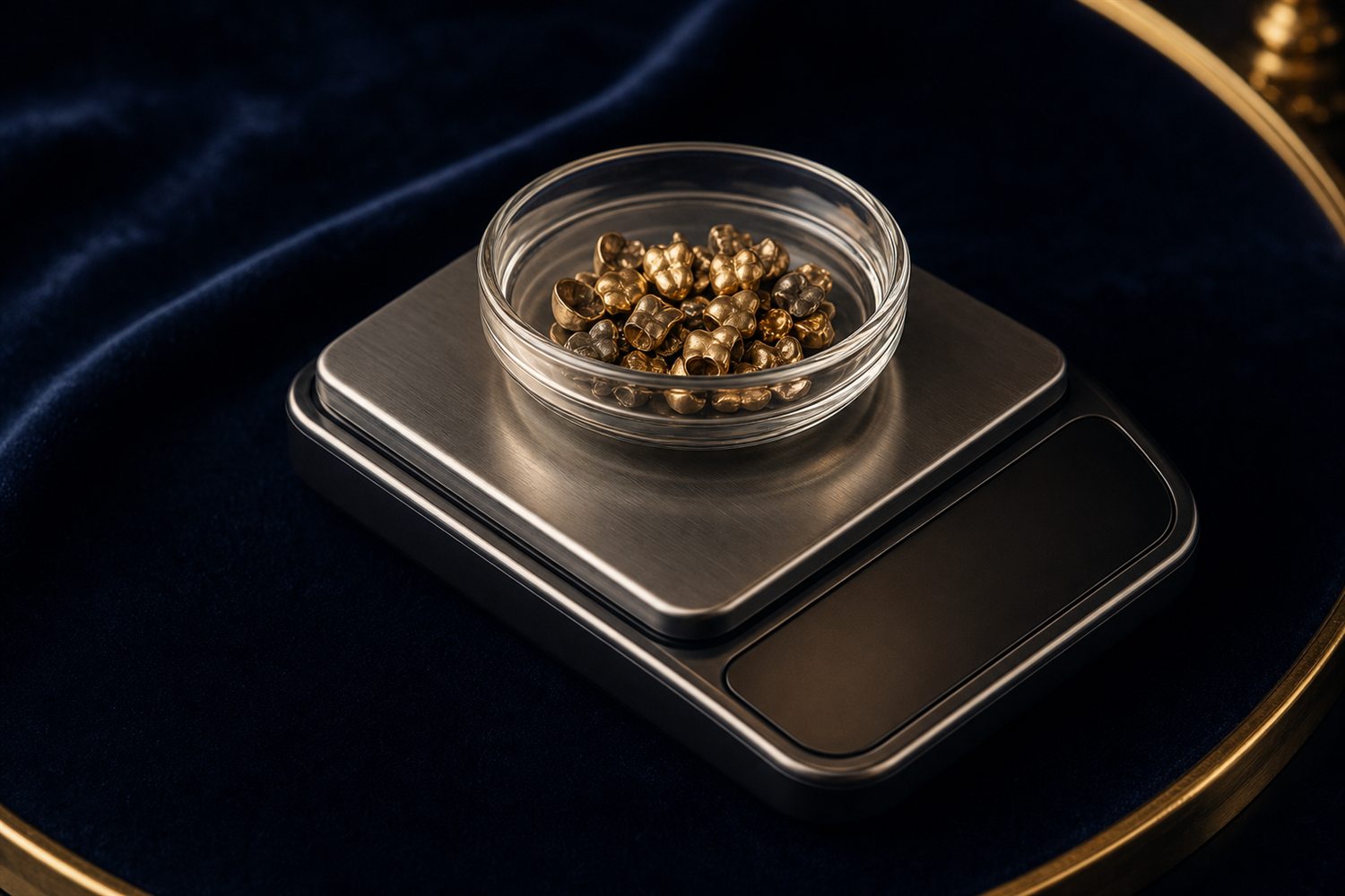 Glasschale mit Zahngold auf der Waagschale einer Feinwaage auf dunkler Fl&auml;che &ndash; Zahngold wiegen und bewerten in Brandenburg