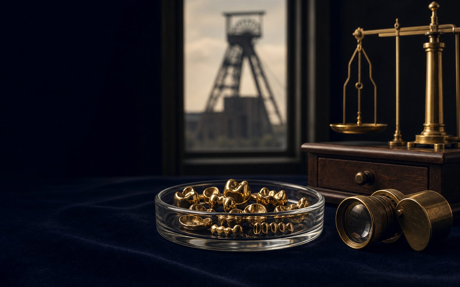 Zahngold, Goldkronen und Br&uuml;cken in einer Glasschale auf dunklem Samt, daneben Lupe und Feinwaage, im Hintergrund die Silhouette des Dortmunder U &ndash; Zahngold verkaufen Dortmund