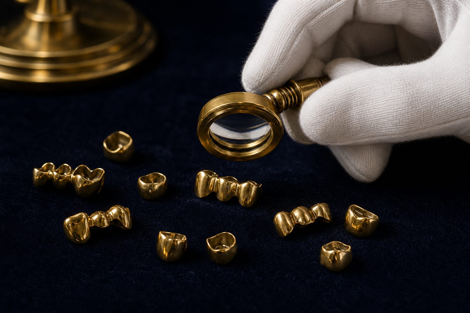 Wei&szlig; behandschuhte Hand sortiert Goldkronen und Br&uuml;cken auf Samt und pr&uuml;ft sie mit der Lupe &ndash; Zahngold-Bewertung in Dortmund
