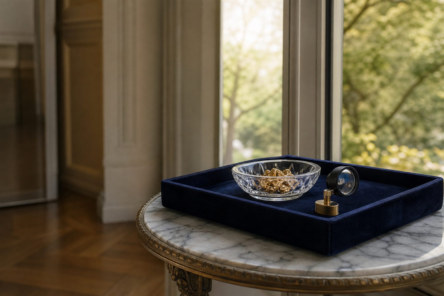 Marmortisch am Fenster einer Dortmunder Stadtvilla mit Samttablett, Glasschale Zahngold und Lupe &ndash; Hausbesuch Zahngold-Ankauf Dortmund