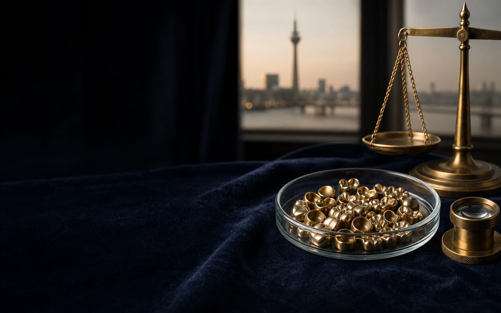 Zahngold, Goldkronen und Br&uuml;cken in einer Glasschale auf dunklem Samt, daneben Lupe und Feinwaage, im Hintergrund eine D&uuml;sseldorfer Rheinkulisse &ndash; Zahngold verkaufen D&uuml;sseldorf