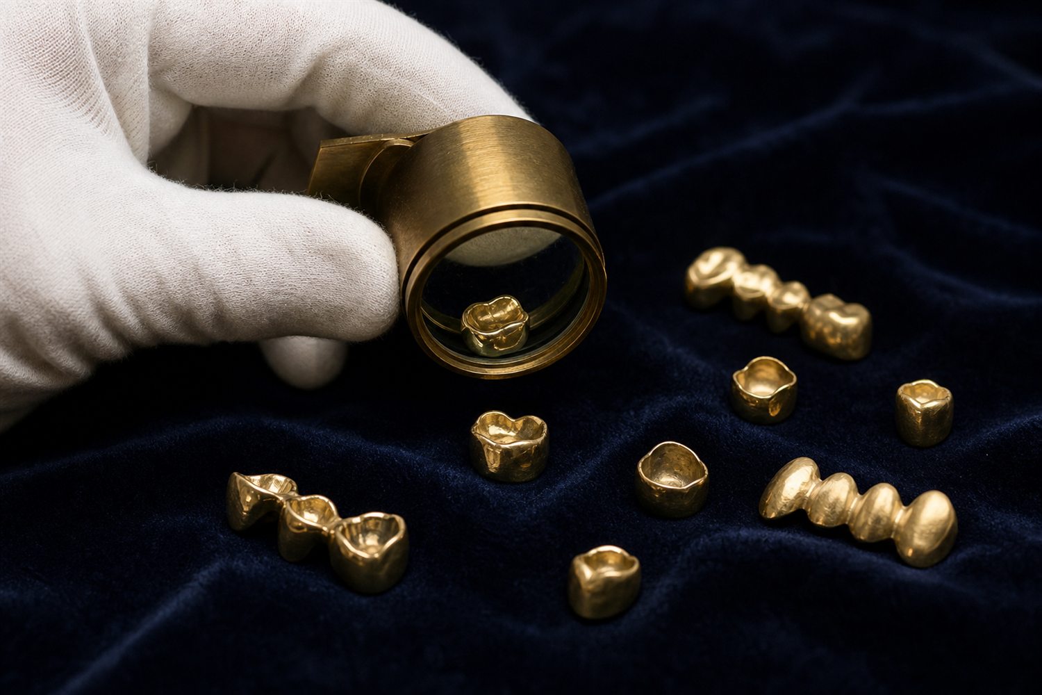 Wei&szlig; behandschuhte Hand sortiert Goldkronen und Br&uuml;cken auf Samt und pr&uuml;ft sie mit der Lupe &ndash; Zahngold-Bewertung in D&uuml;sseldorf