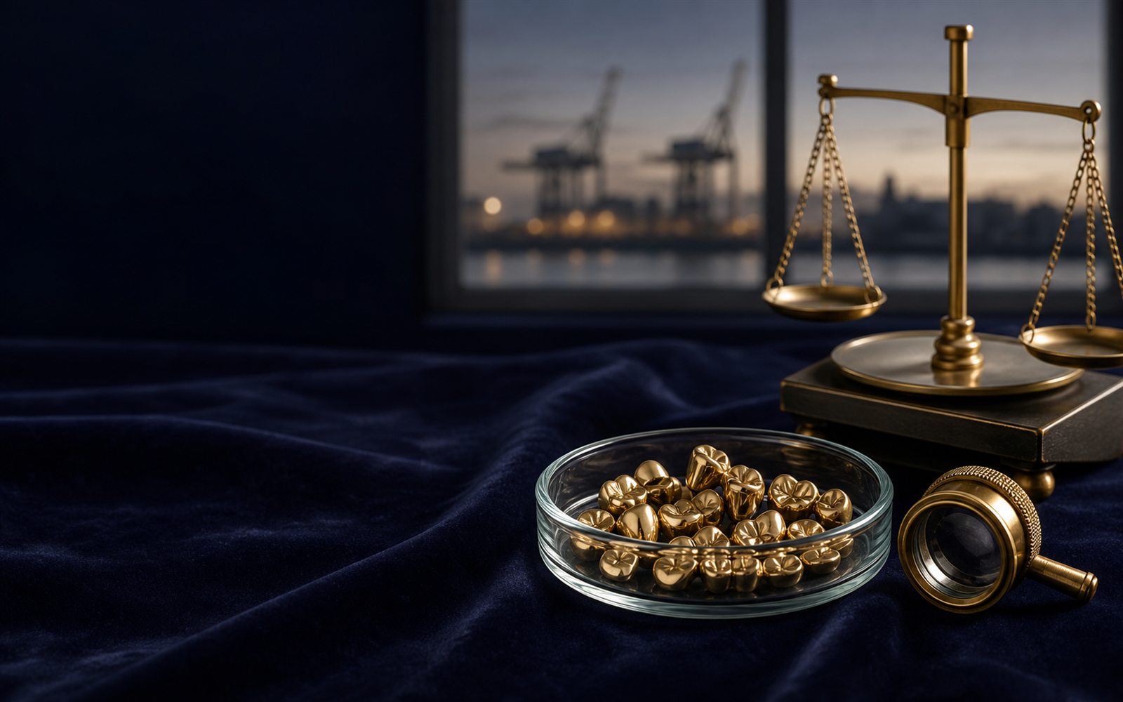 Zahngold, Goldkronen und Br&uuml;cken in einer Glasschale auf dunklem Samt, daneben Lupe und Feinwaage, im Hintergrund der sanierte Duisburger Innenhafen &ndash; Zahngold verkaufen Duisburg