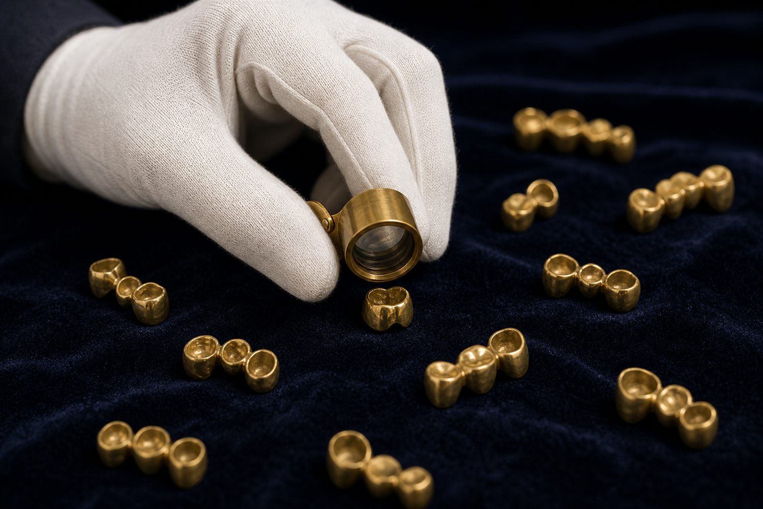 Wei&szlig; behandschuhte Hand sortiert Goldkronen und Br&uuml;cken auf Samt und pr&uuml;ft sie mit der Lupe &ndash; Zahngold-Bewertung in Duisburg