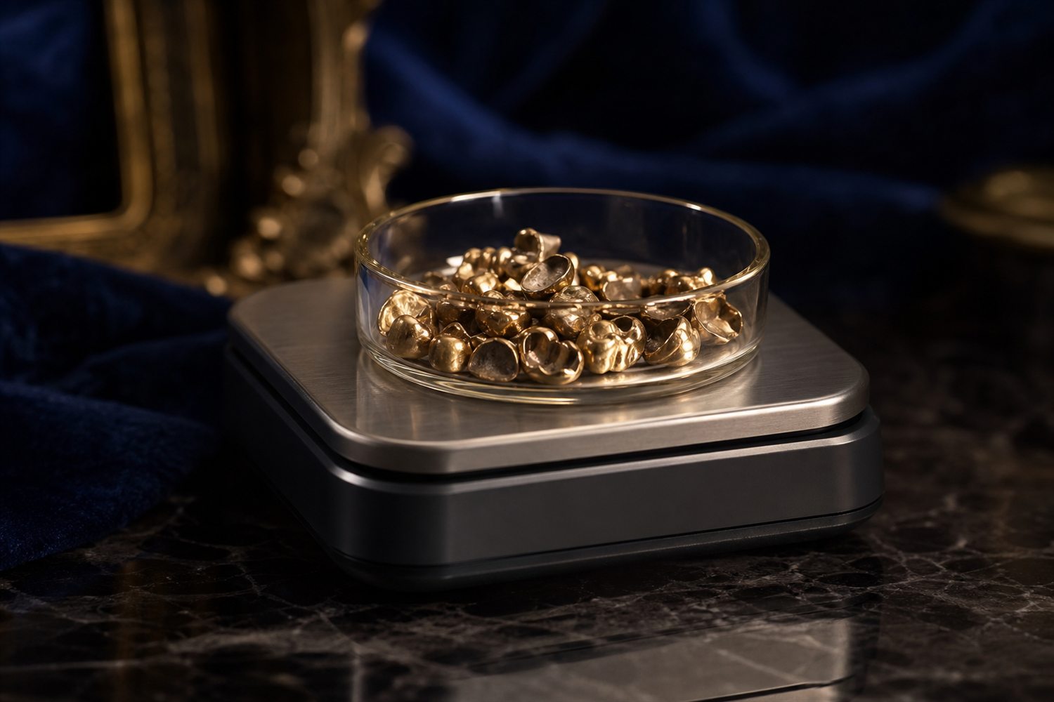 Glasschale mit Zahngold auf der Waagschale einer Feinwaage auf dunkler Fl&auml;che &ndash; Zahngold wiegen und bewerten in Duisburg