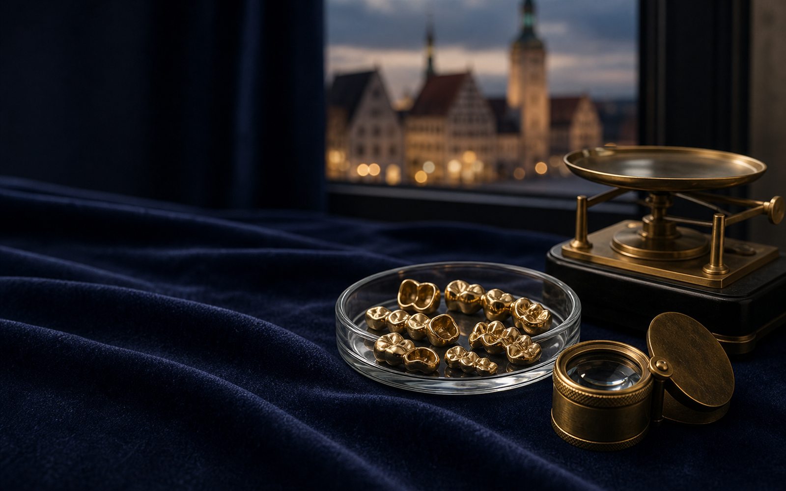 Zahngold, Goldkronen und Br&uuml;cken in einer Glasschale auf dunklem Samt, daneben Lupe und Feinwaage, im Hintergrund die Frankfurter Bankenskyline &ndash; Zahngold verkaufen Frankfurt