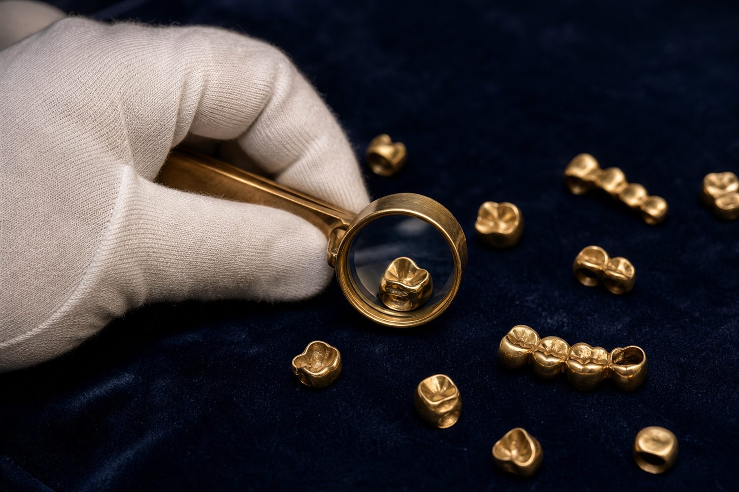 Wei&szlig; behandschuhte Hand sortiert Goldkronen und Br&uuml;cken auf Samt und pr&uuml;ft sie mit der Lupe &ndash; Zahngold-Bewertung in Frankfurt