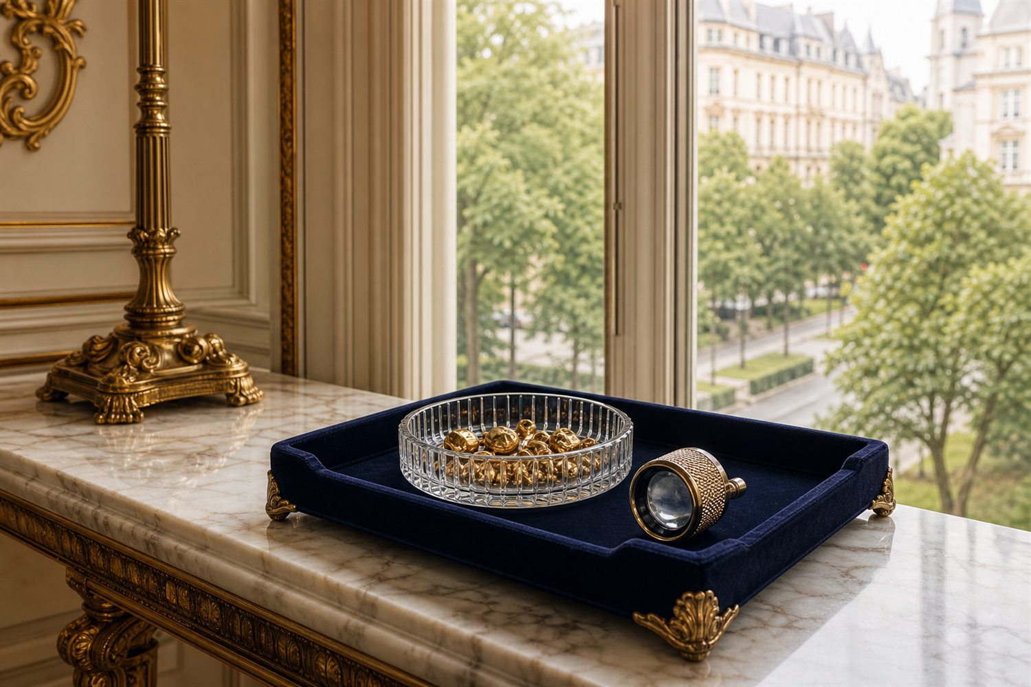 Marmortisch am Fenster einer Frankfurter Gr&uuml;nderzeitvilla mit Samttablett, Glasschale Zahngold und Lupe &ndash; Hausbesuch Zahngold-Ankauf Frankfurt