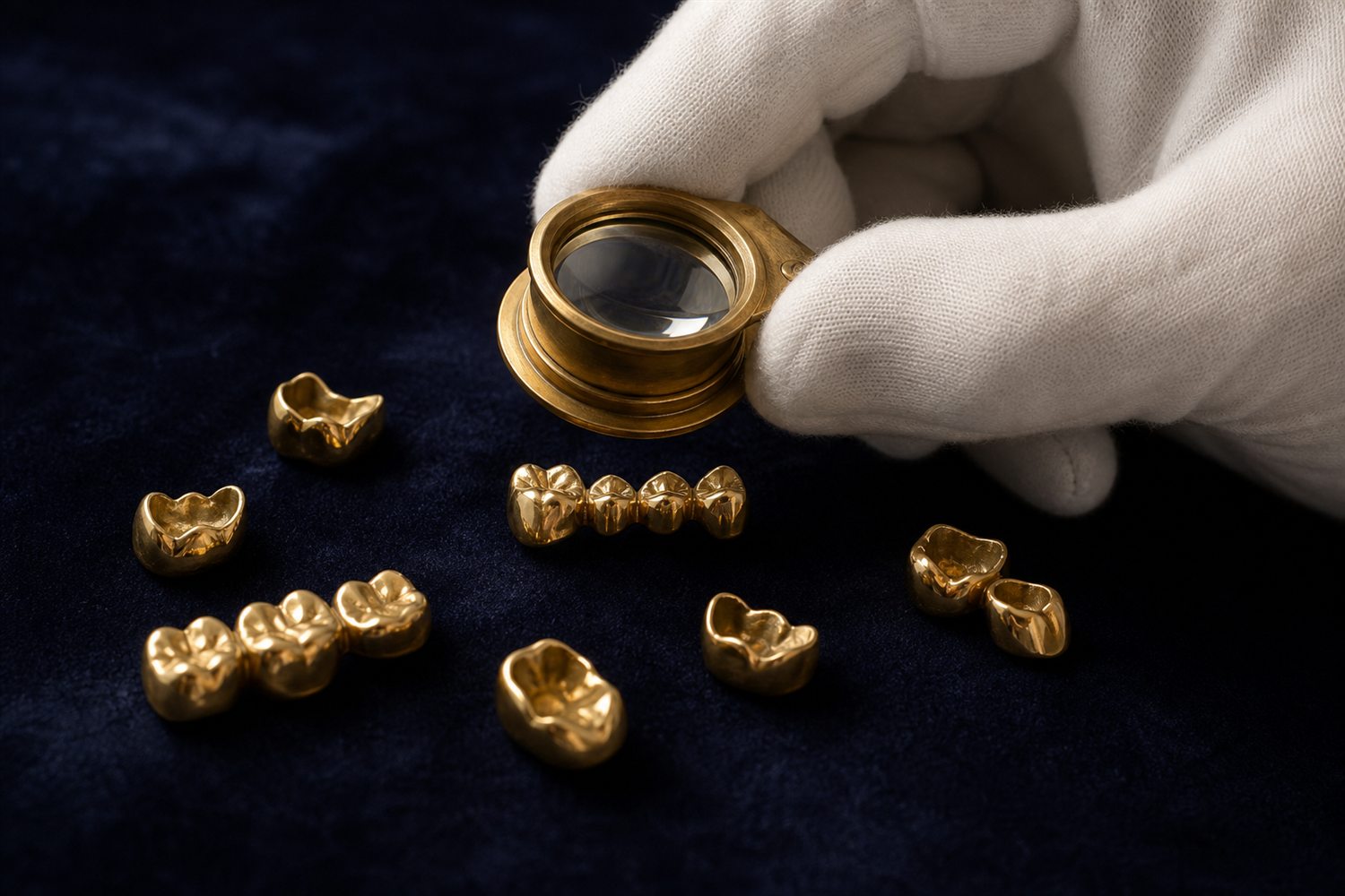 Wei&szlig; behandschuhte Hand sortiert Goldkronen und Br&uuml;cken auf Samt und pr&uuml;ft sie mit der Lupe &ndash; Zahngold-Bewertung in Hamburg