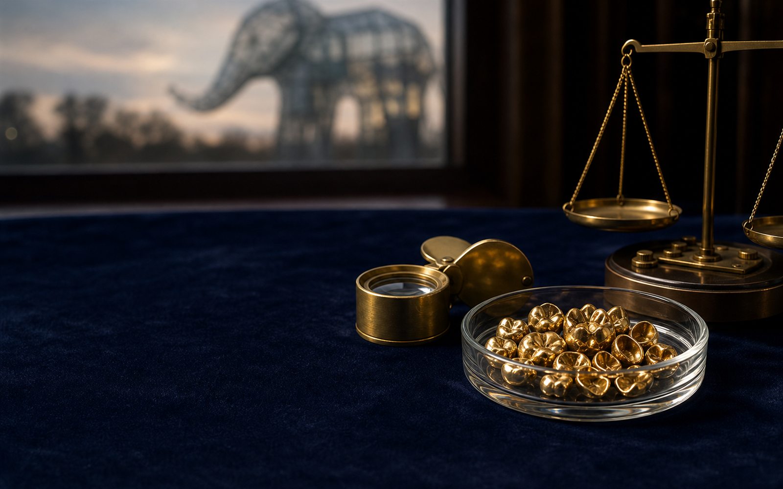 Zahngold, Goldkronen und Br&uuml;cken in einer Glasschale auf dunklem Samt, daneben Lupe und Feinwaage, im Hintergrund die Silhouette des Hammer Doms &ndash; Zahngold verkaufen Hamm