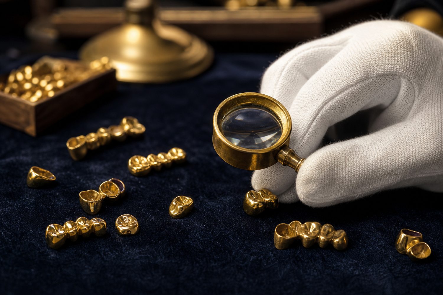 Wei&szlig; behandschuhte Hand sortiert Goldkronen und Br&uuml;cken auf Samt und pr&uuml;ft sie mit der Lupe &ndash; Zahngold-Bewertung in Hamm