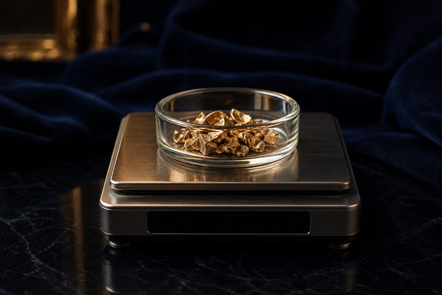 Glasschale mit Zahngold auf der Waagschale einer Feinwaage auf dunkler Fl&auml;che &ndash; Zahngold wiegen und bewerten in Hamm