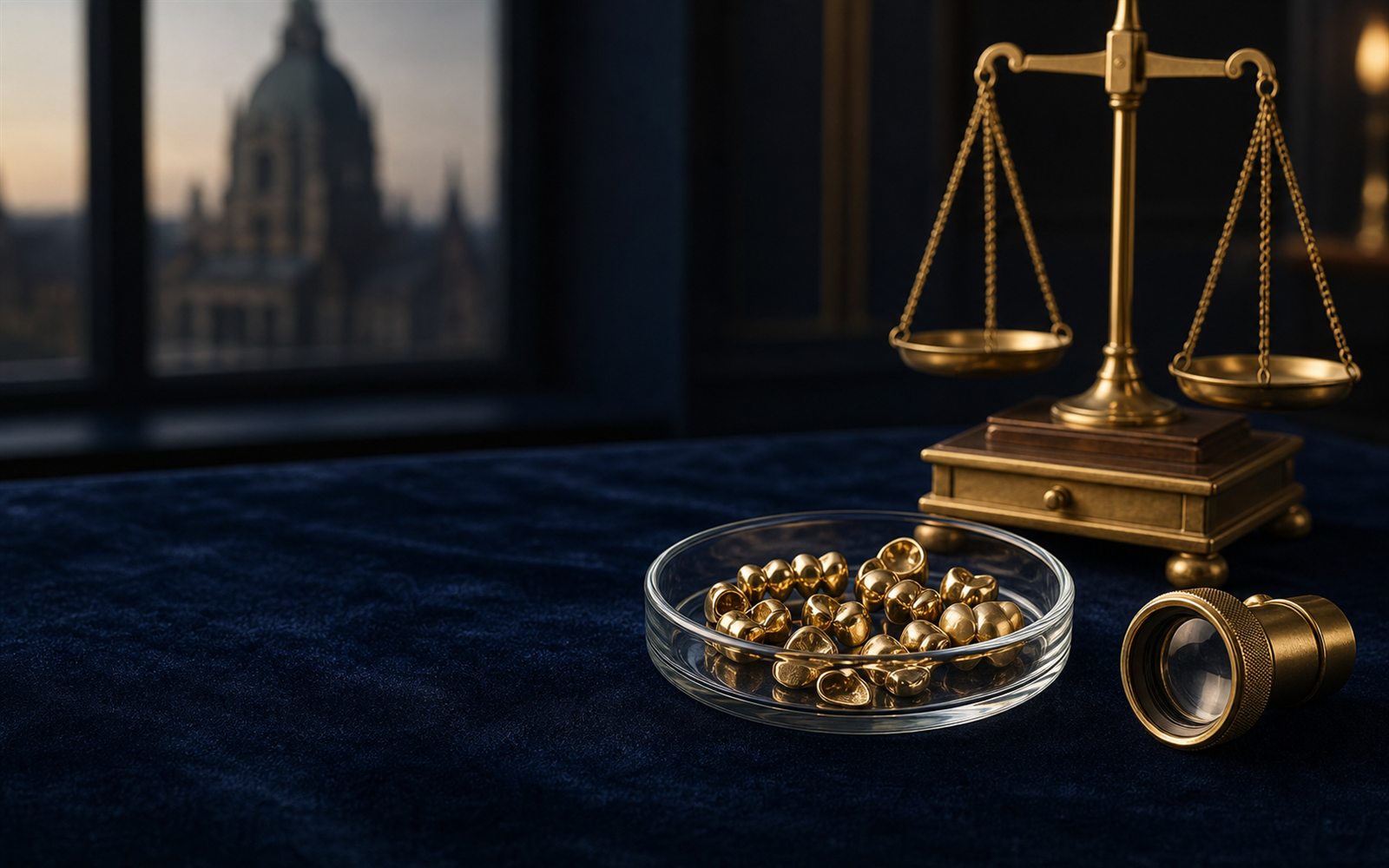 Zahngold, Goldkronen und Br&uuml;cken in einer Glasschale auf dunklem Samt, daneben Lupe und Feinwaage, im Hintergrund die Silhouette des Neuen Rathauses &ndash; Zahngold verkaufen Hannover