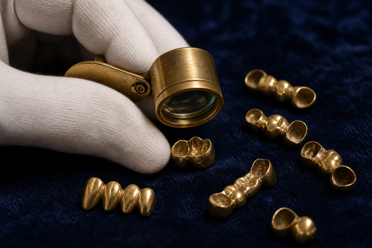 Wei&szlig; behandschuhte Hand sortiert Goldkronen und Br&uuml;cken auf Samt und pr&uuml;ft sie mit der Lupe &ndash; Zahngold-Bewertung in Hannover