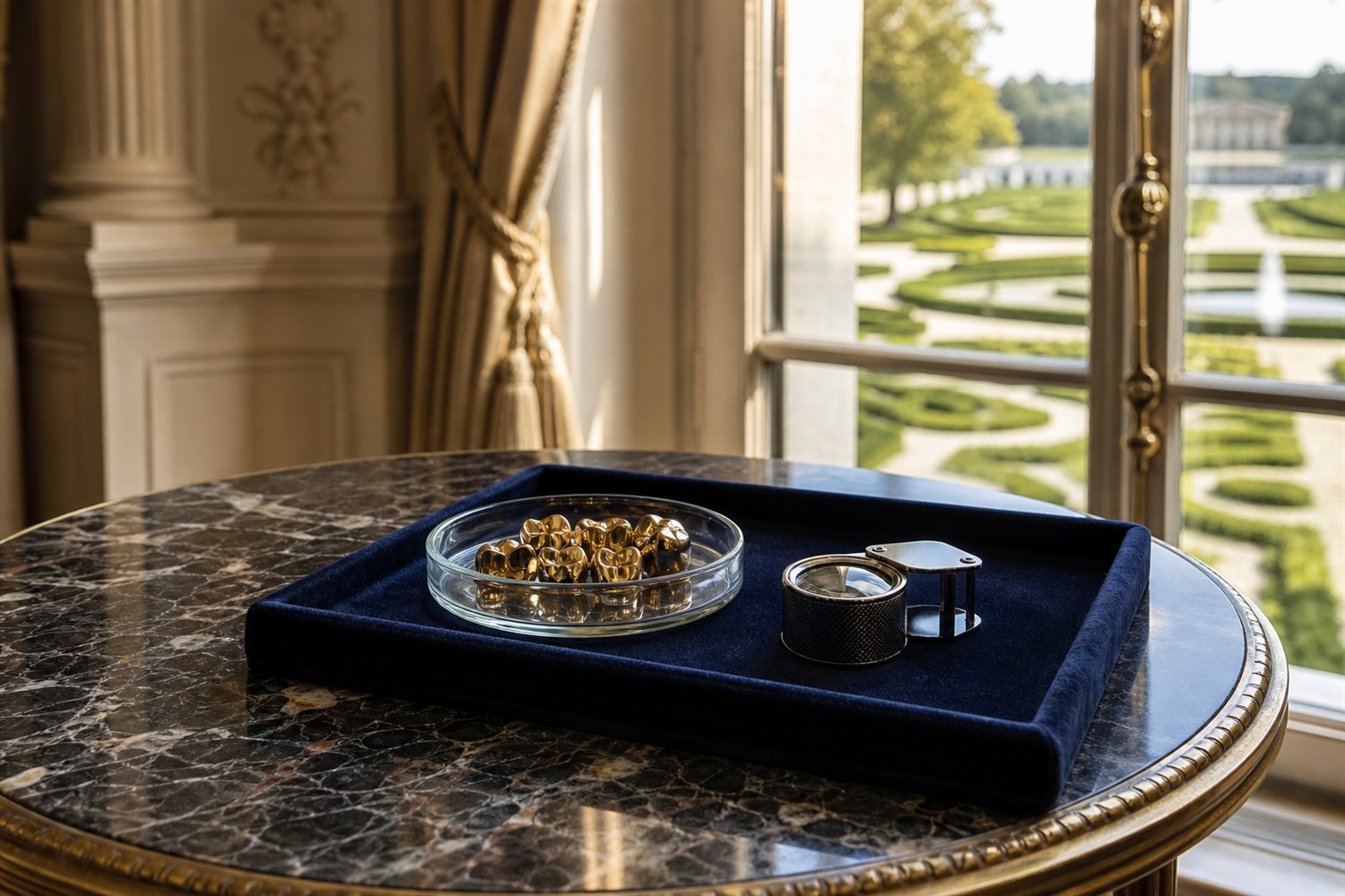 Marmortisch am Fenster einer hannoverschen Villa mit Samttablett, Glasschale Zahngold und Lupe &ndash; Hausbesuch Zahngold-Ankauf Hannover